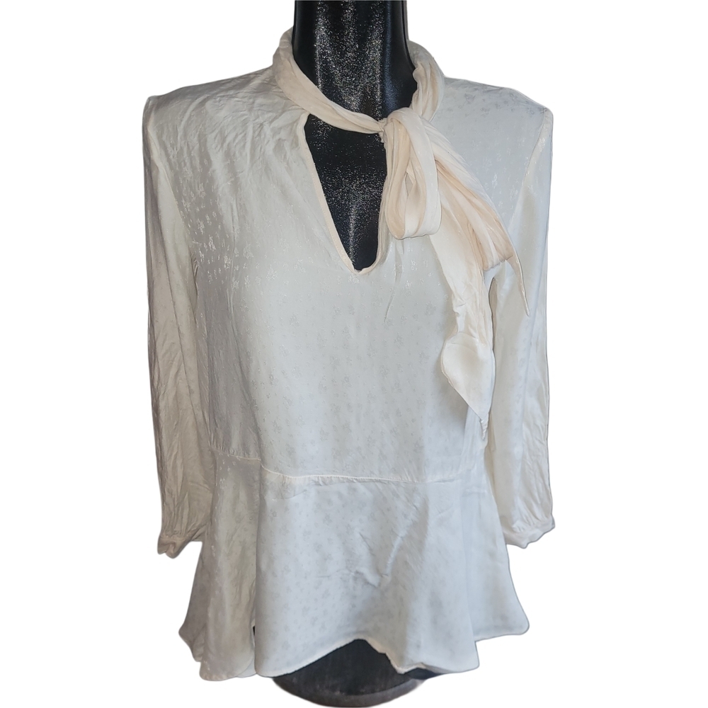 Zara Cream Long Sleeve Tie Neckline Blouse Size S